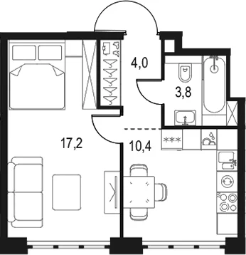 Планировка: 1-комнатная квартира 35,4 м² в ЖК «Левел Южнопортовая»