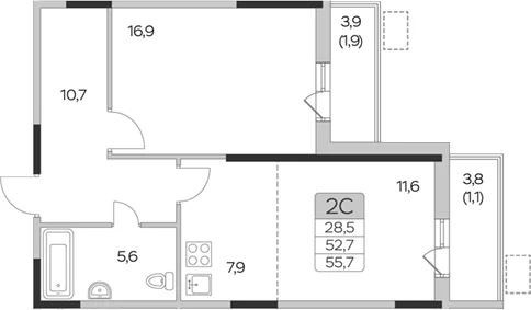 Планировка: 1-комнатная квартира 52,7 м² в ЖК «Пироговская ривьера»