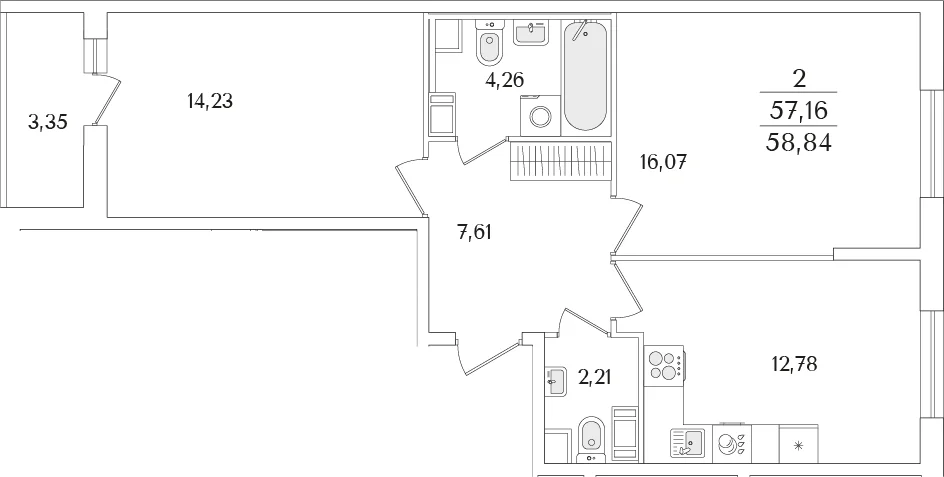 Планировка: 2-комнатная квартира 57,2 м² в ЖК «Кинопарк»