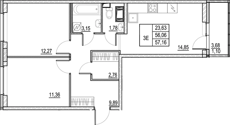 Планировка: 2-комнатная квартира 56,1 м² в ЖК «Город-спутник Южный»