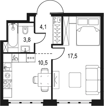 Планировка: 1-комнатная квартира 35,9 м² в ЖК «Левел Южнопортовая»