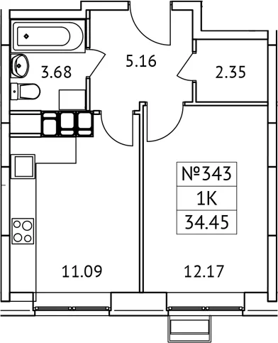 Планировка: 1-комнатная квартира 34,5 м² в ЖК «Новотомилино»