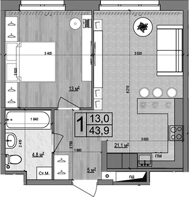 Планировка: Евродвушка 43,9 м² в ЖК «Гранд Комфорт 2»