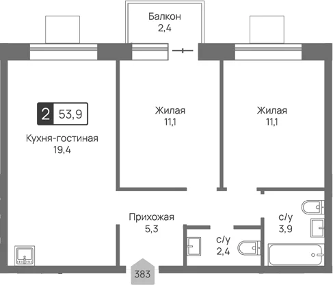 Планировка: Евротрёшка 53,2 м² в ЖК «Отрада 3»