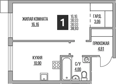 Планировка: Евродвушка 38,9 м² в ЖК «Гранель Притяжение Сити»
