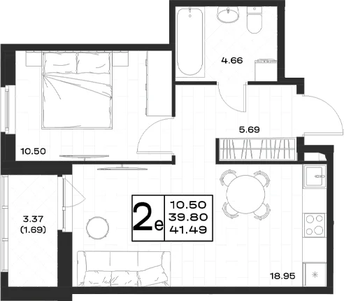 Планировка: Евродвушка 39,8 м² в ЖК «Имена»