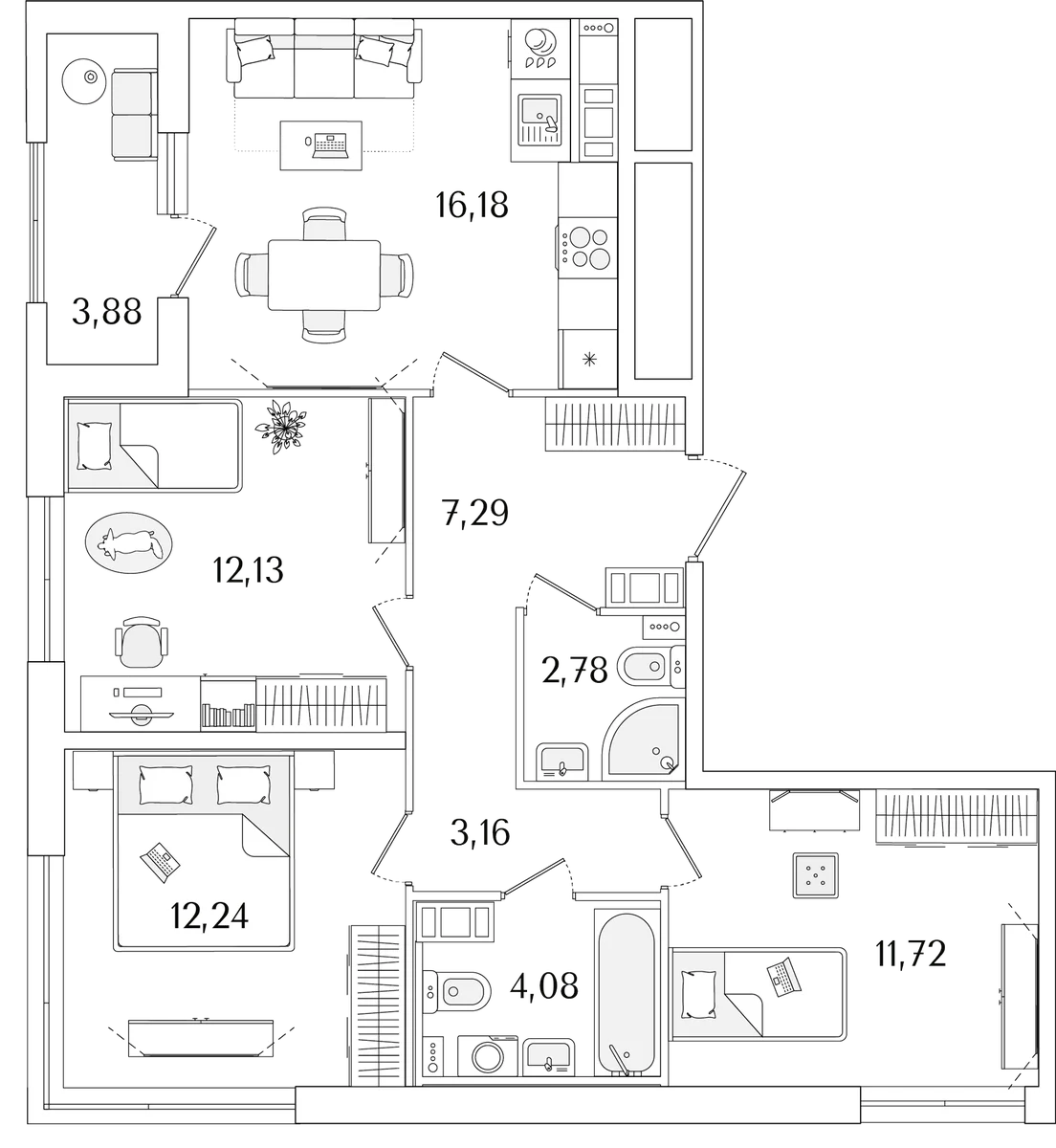 Планировка: Квартира евро-4 69,6 м² в ЖК «Гранат»