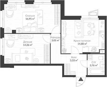 Планировка: 2-комнатная квартира 58,2 м² в ЖК «ВЕРЕН НОРТ Cертолово»
