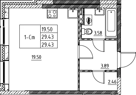 Планировка: Студия 29,4 м² в ЖК «Город-спутник Южный»