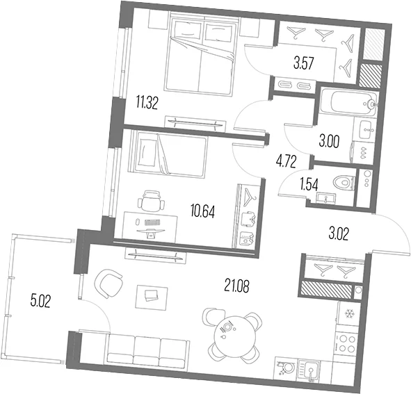 Планировка: Евротрёшка 58,9 м² в ЖК «Легенда Васильевского»