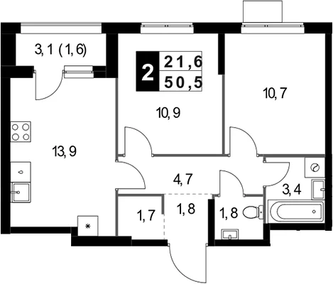 Планировка: 2-комнатная квартира 48,9 м² в ЖК «1-й Измайловский»