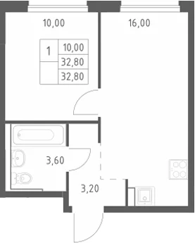 Планировка: Евродвушка 32,8 м² в ЖК «Химки Парк»