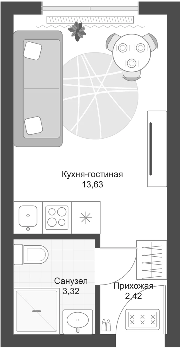 Планировка: Студия 19,4 м² в ЖК «Апарт-комплекс Первый Зеленый»
