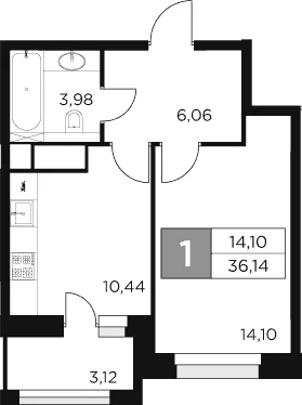 Планировка: 1-комнатная квартира 34,6 м² в ЖК «Восток 2»