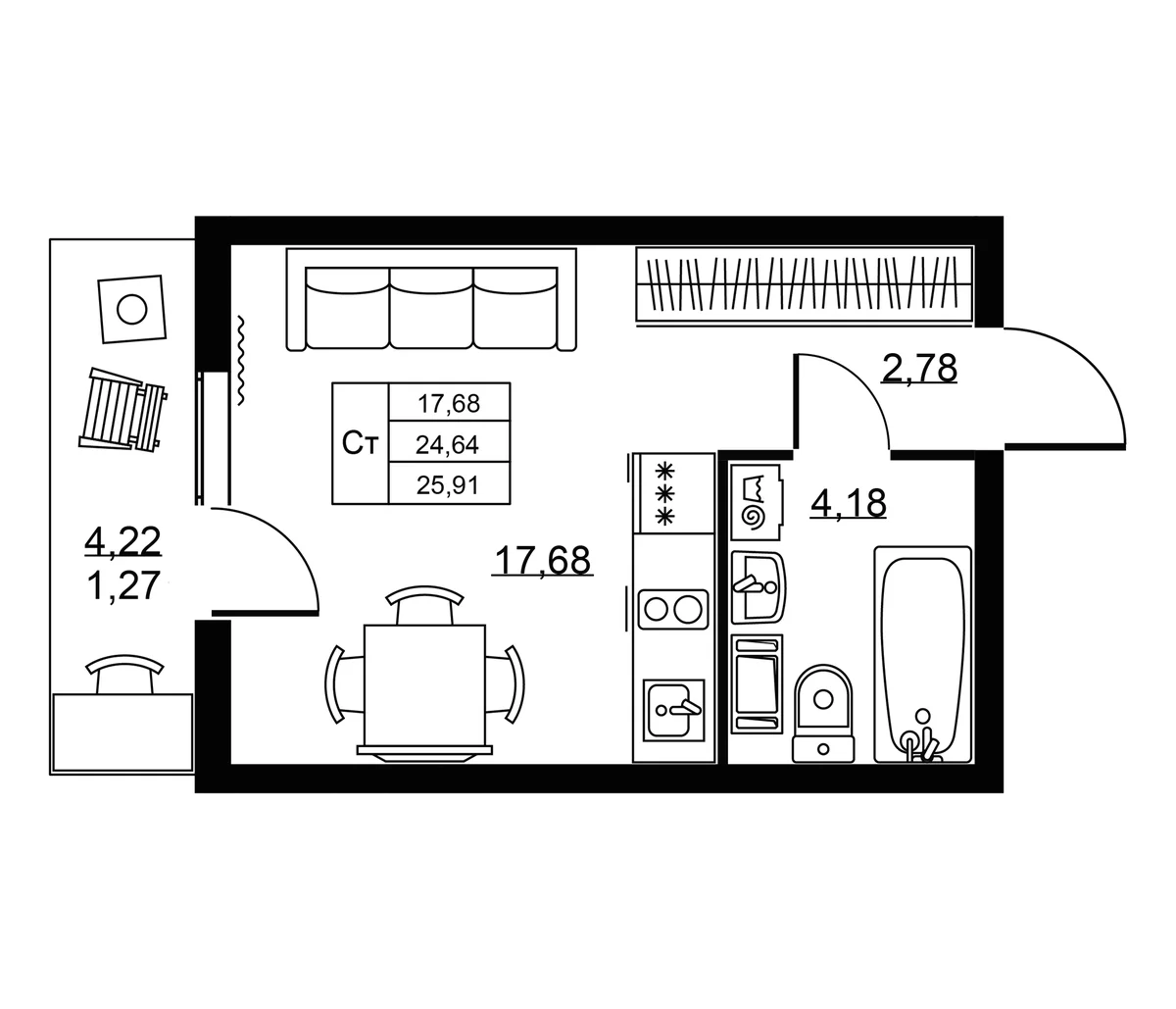 Планировка: Студия 24,6 м² в ЖК «Пулковское, 34»