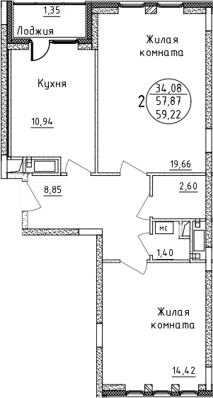 Планировка: 2-комнатная квартира 57,9 м² в ЖК «Дом Союзов»