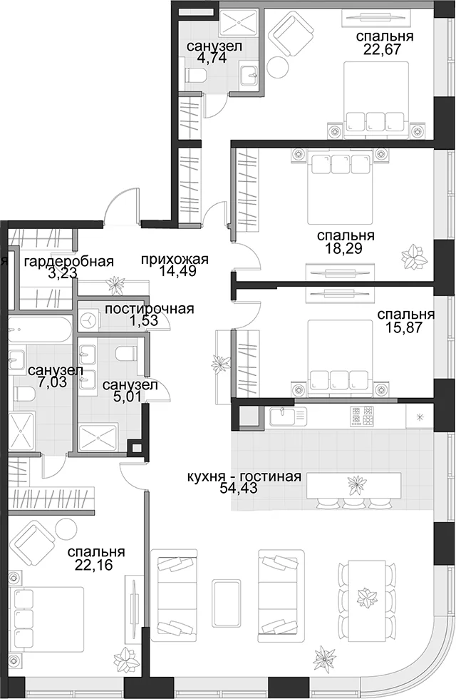 Планировка: Квартира евро-5 169,5 м² в ЖК «Садовническая, 69»