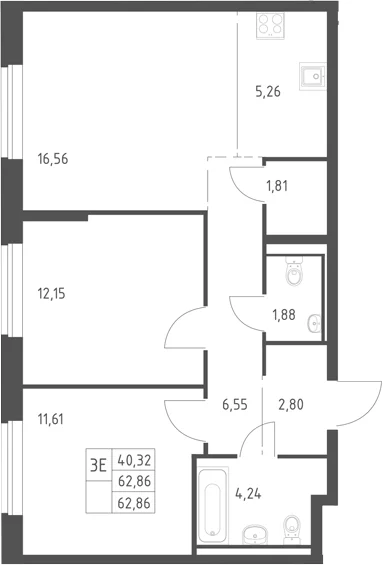 Планировка: Евротрёшка 62,9 м² в ЖК «Горки Парк»