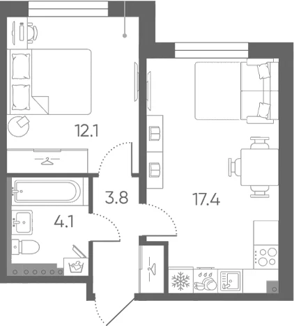 Планировка: Евродвушка 37,4 м² в ЖК «Пулково Лейк»