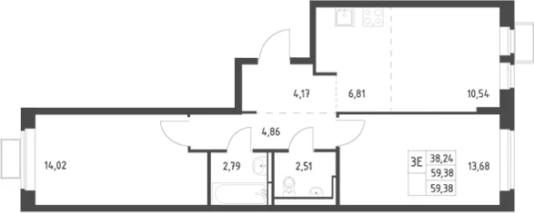 Планировка: Евротрёшка 59,4 м² в ЖК «Новое Видное»