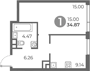 Планировка: 1-комнатная квартира 34,9 м² в ЖК «Нижегородская от Гранель»