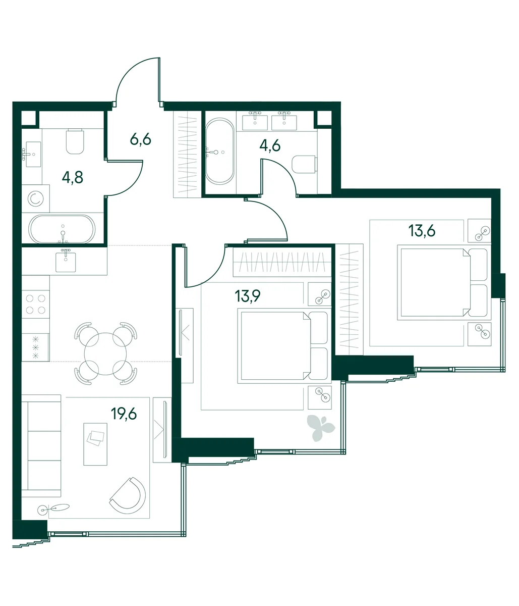 Планировка: Евротрёшка 63,1 м² в ЖК «Клубный город на реке Примавера»