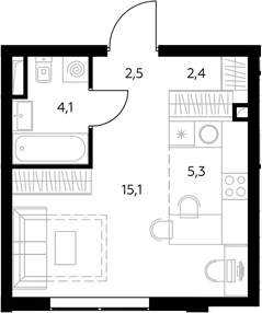 Планировка: Студия 29,5 м² в ЖК «Адмирал»