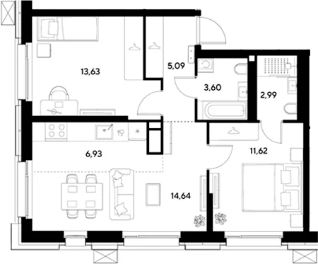 Планировка: Евротрёшка 58,5 м² в ЖК «ЭВО»
