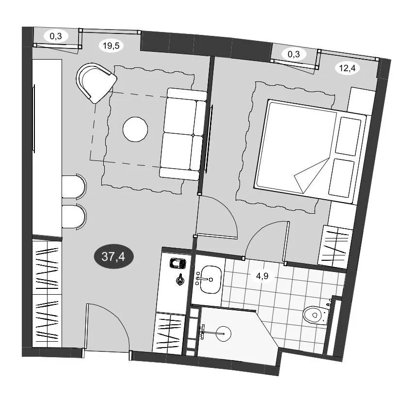 Планировка: Евродвушка 36,8 м² в ЖК «Инвест-Курорт МЕСТО Рощино»