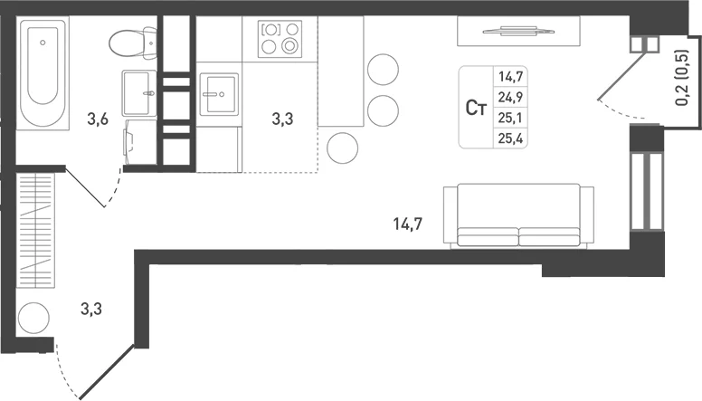 Планировка: Студия 26,1 м² в ЖК «Новая Щербинка»