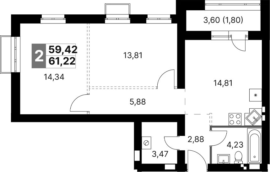 Планировка: 2-комнатная квартира 59,4 м² в ЖК «Жаворонки Клаб»