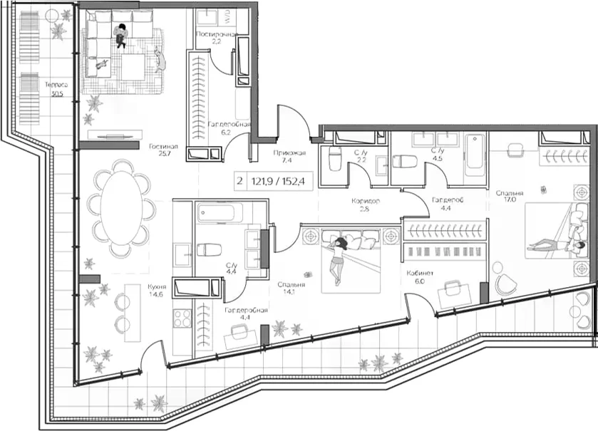 Планировка: Евротрёшка 121,9 м² в ЖК «Дрим Рива»