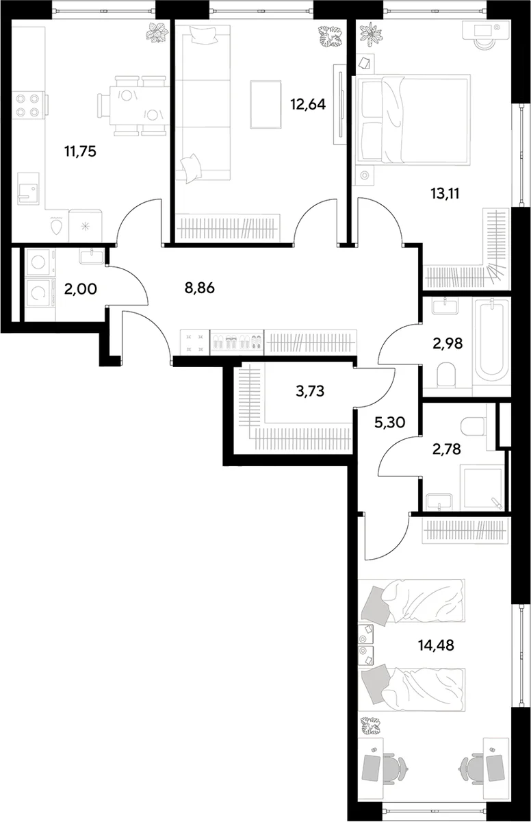 Планировка: 3-комнатная квартира 77,6 м² в ЖК «Космопарк»