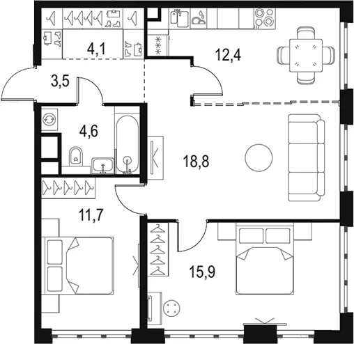 Планировка: Евротрёшка 71 м² в ЖК «Левел Южнопортовая»