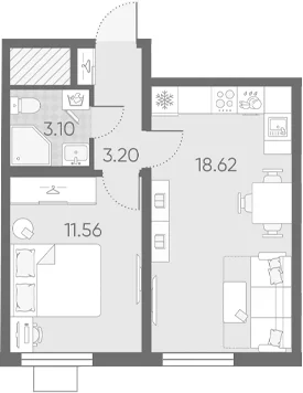 Планировка: Евродвушка 36,5 м² в ЖК «Морская миля»