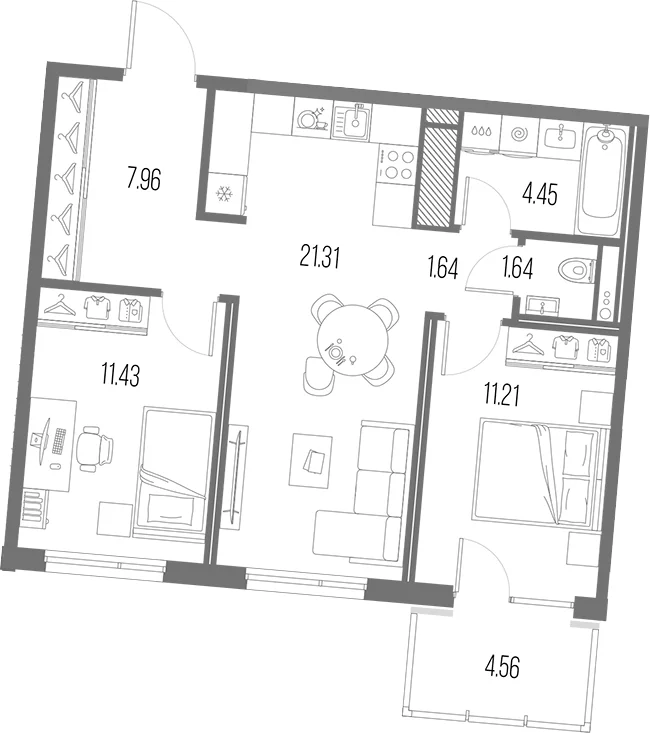 Планировка: Евротрёшка 59,6 м² в ЖК «Легенда Васильевского»