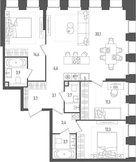 Планировка: Квартира евро-4 95,4 м² в ЖК «Пейв»