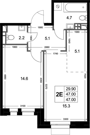 Планировка: Евродвушка 47 м² в ЖК «Кореневский Форт 2.3»