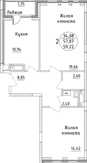 Планировка: 2-комнатная квартира 57,9 м² в ЖК «Дом Союзов»