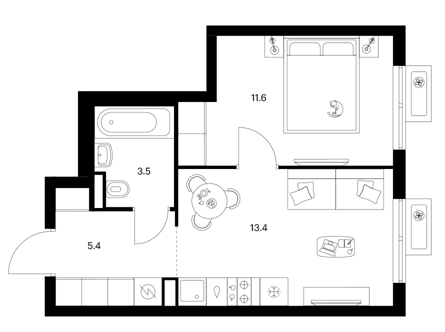 Планировка: 1-комнатная квартира 33,9 м² в ЖК «Ярославский»