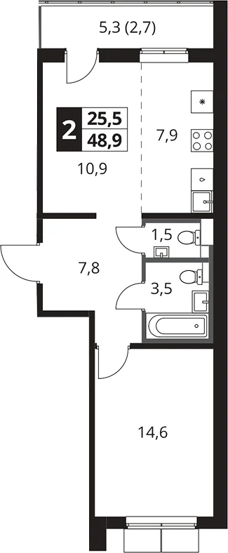 Планировка: Евродвушка 46,2 м² в ЖК «1-й Южный»