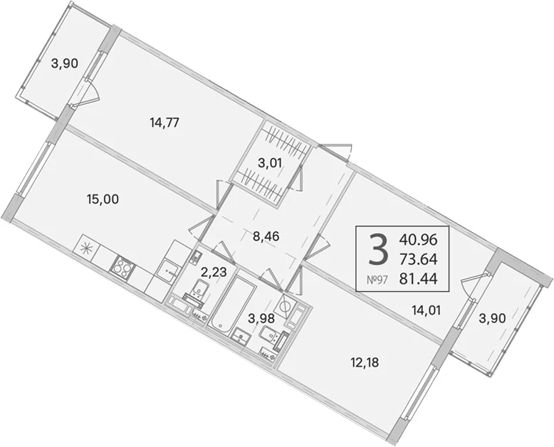 Планировка: 3-комнатная квартира 73,6 м² в ЖК «Любоград в Стрельне»