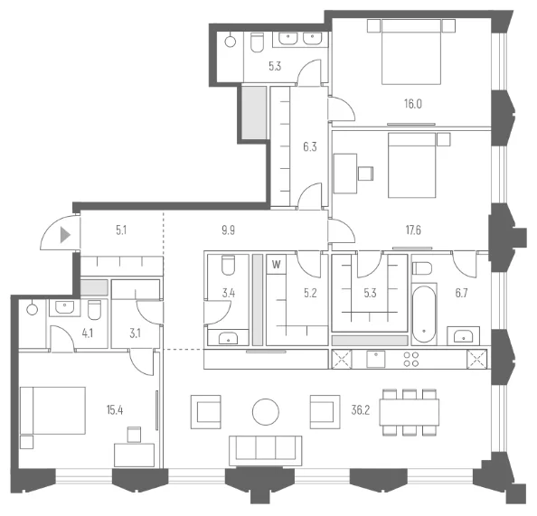 Планировка: Квартира евро-4 139,6 м² в ЖК «Веспер Кутузовский»
