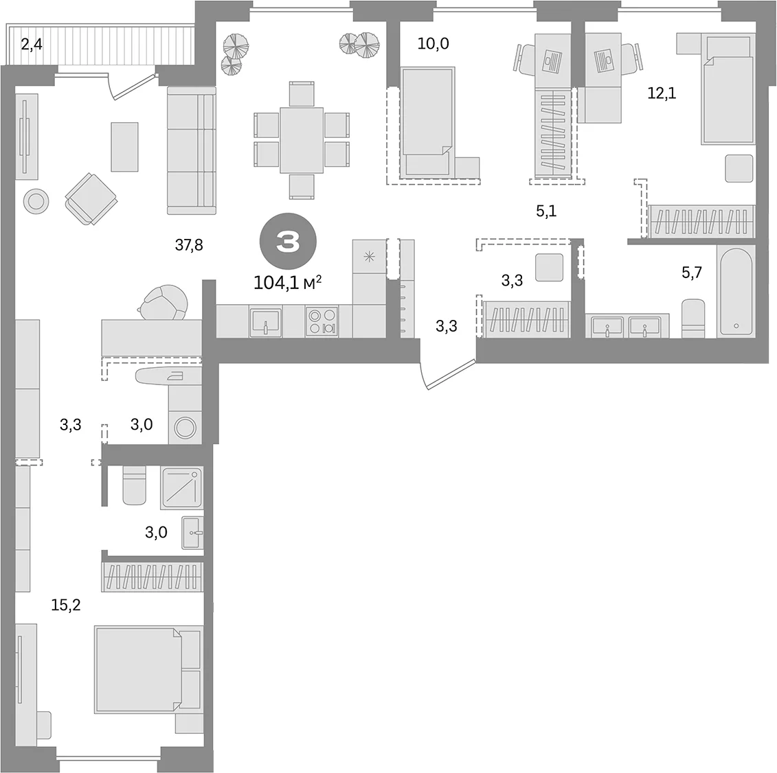 Планировка: 3-комнатная квартира 101,7 м² в ЖК «Первый квартал. Вторая очередь»