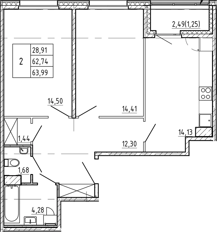 Планировка: 2-комнатная квартира 62,7 м² в ЖК «Регенбоген»