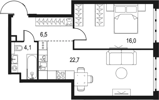 Планировка: 1-комнатная квартира 49,3 м² в ЖК «Левел Южнопортовая»