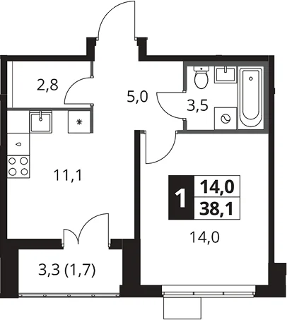 Планировка: 1-комнатная квартира 36,4 м² в ЖК «1-й Южный»