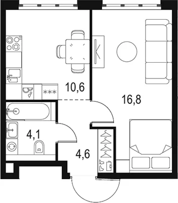 Планировка: 1-комнатная квартира 36,1 м² в ЖК «Левел Южнопортовая»