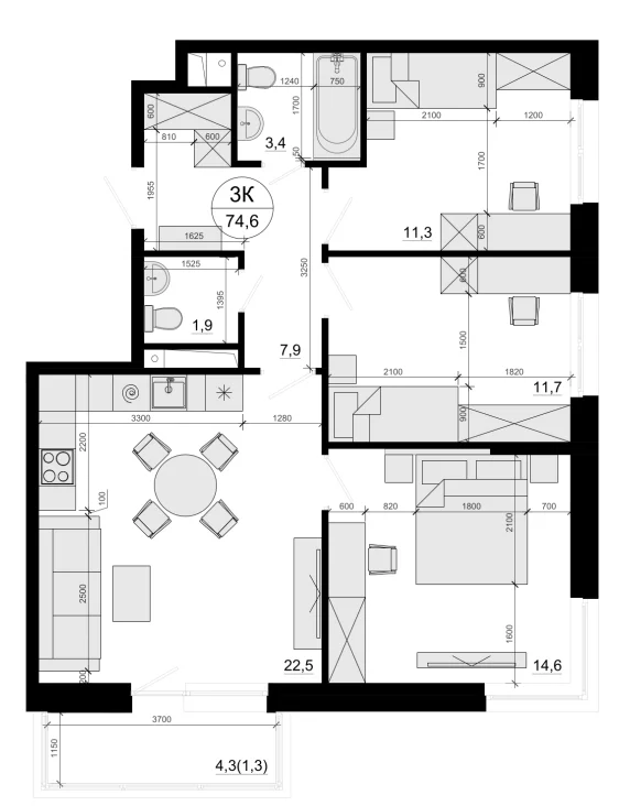 Планировка: 3-комнатная квартира 73,3 м² в ЖК «Одинцовские Кварталы Эволюция»