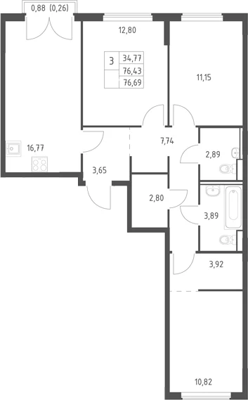 Планировка: Квартира евро-4 76,4 м² в ЖК «Егорово парк»